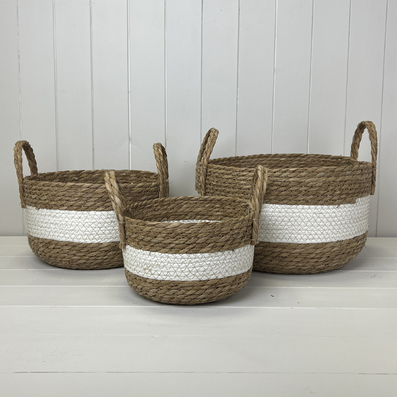White/Natural Seagrass Set of Three Storage Baskets  detail page